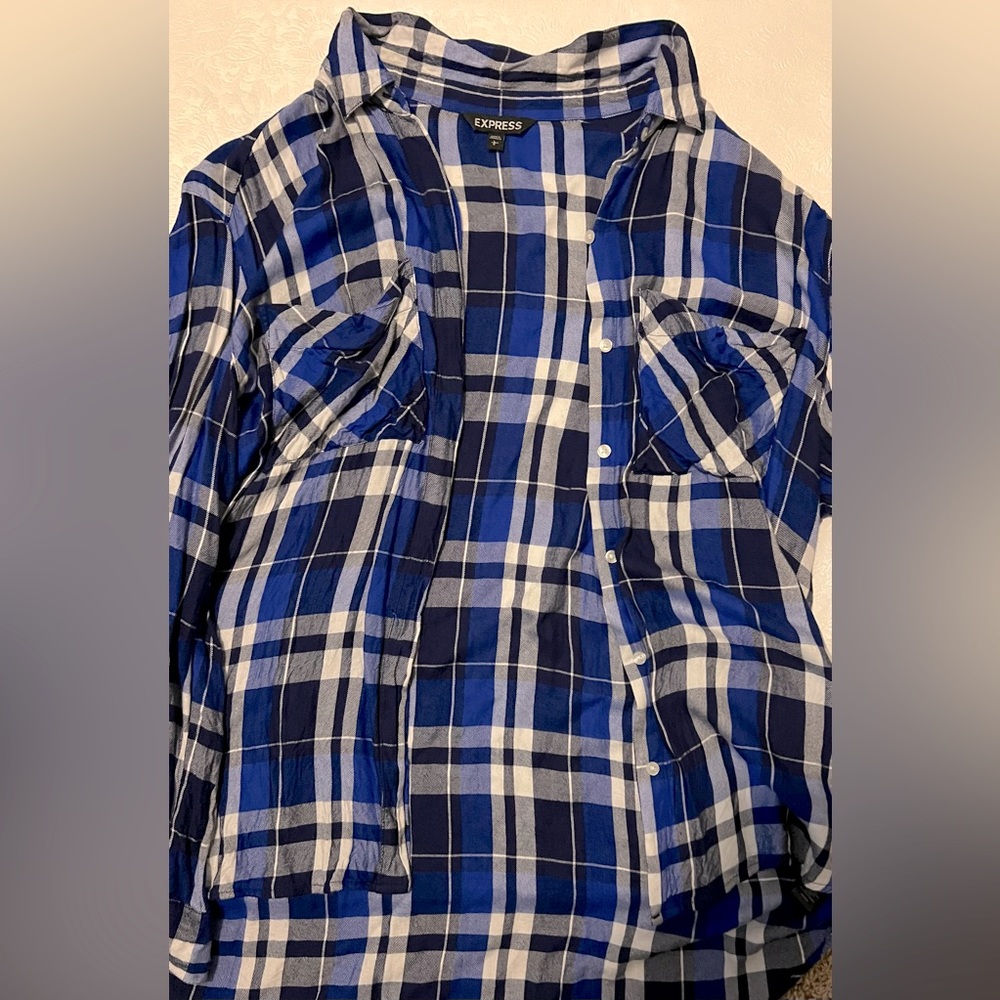 Express Button Down Flannel Blue - image 3